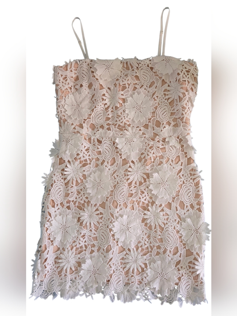 NWT~ Just Me 3D Floral Appliqué Crochet Lace Mini Dress in White/Nude - Picture 7 of 13